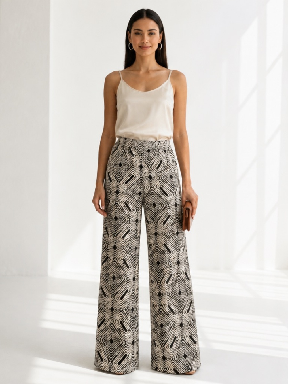 Philosophy Republic Geometric Palazzo Wide Leg Pants XS Black Brown Cream